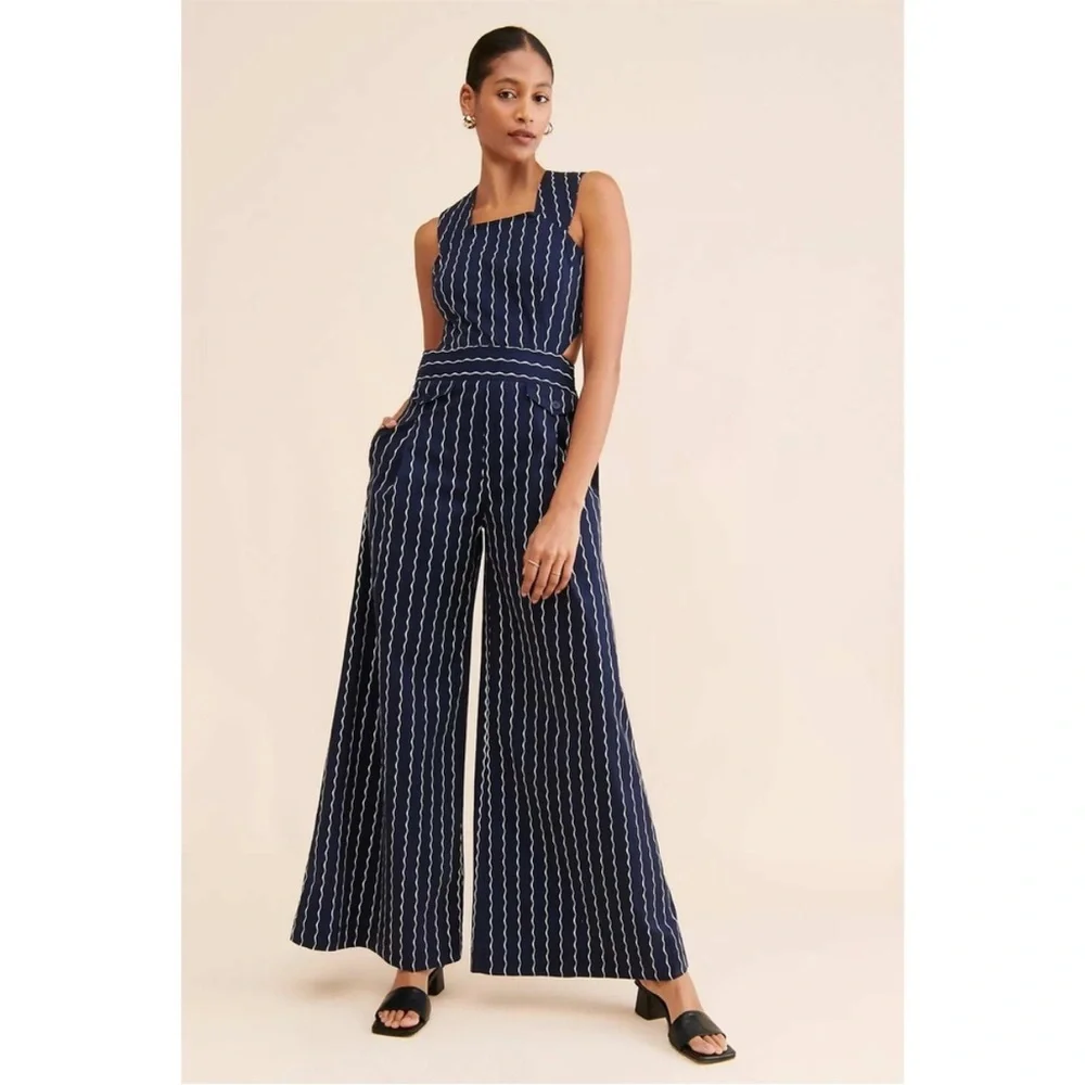 Maeve Anthropologie Derby Day Nautical Pinafore Navy Stripe Wide Leg Jumpsuit 14 - Picture 7 of 14